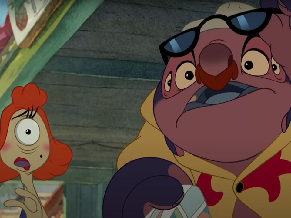 Pleakley (left) and Jumba (right) in their human disguises. Pleakley is in an orange wig and lipstick, while Jumba is in sunglasses and a fake mustache.
