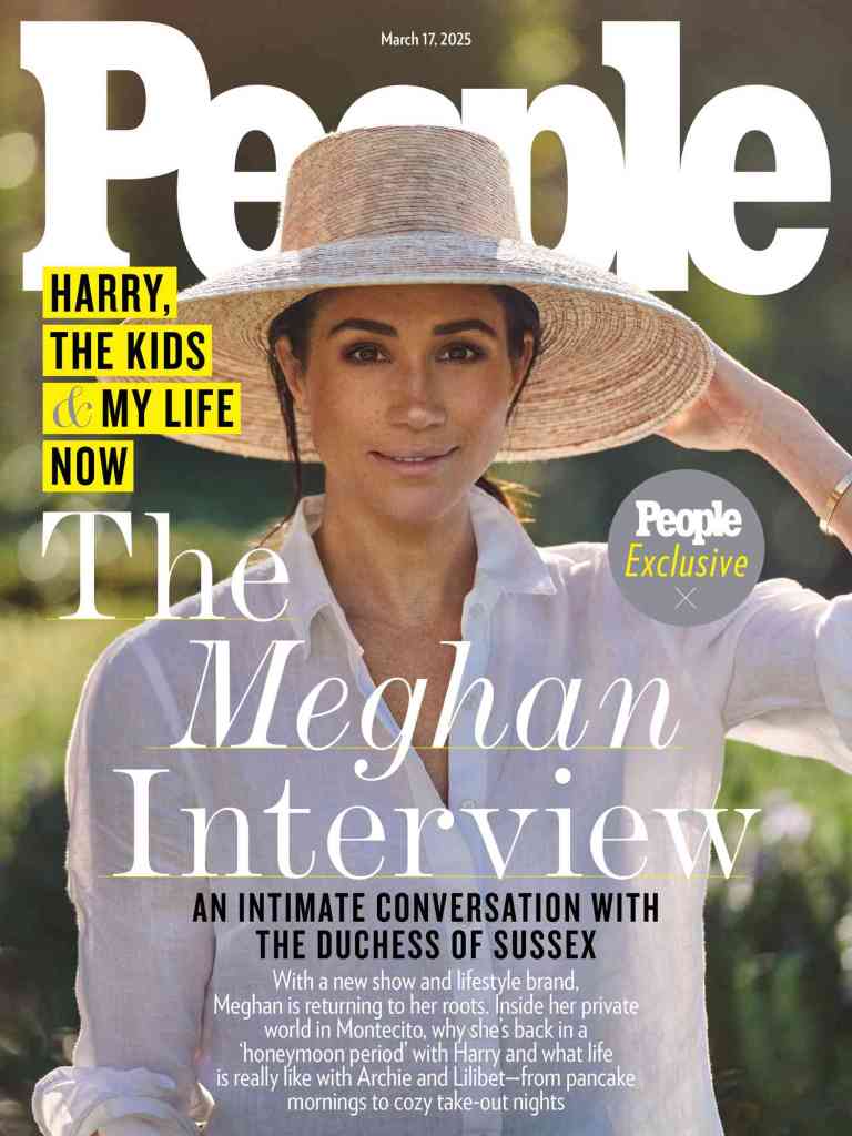 Meghan Sussex (Markle) on the cover of People Magazine, wearing a white button down shirt and a wide brimmed tan hat. 