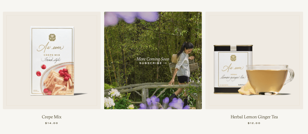 A screenshot from the As Ever website, featuring the crepe mi and herbal lemon ginger tea